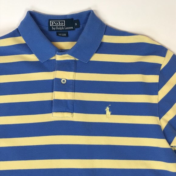 Polo Ralph Lauren Short Sleeve Shirt Mens SM Blue Yellow Striped 2 Button Collar - Picture 2 of 5